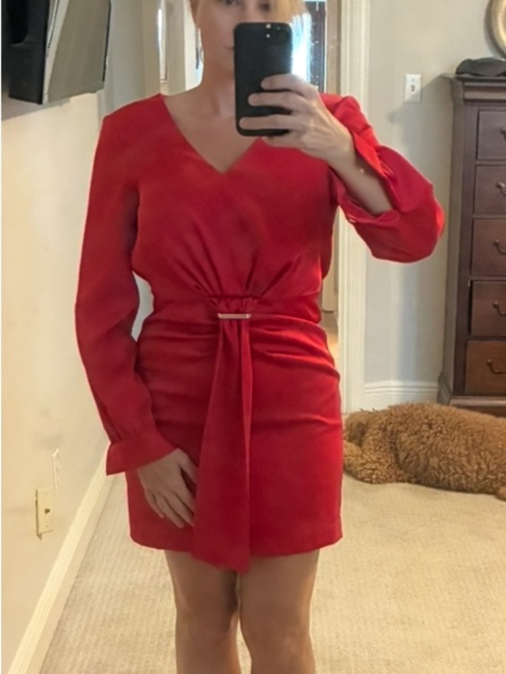 kenzie Red V-Neck Long Sleeve Tie-Waist Mini Dress